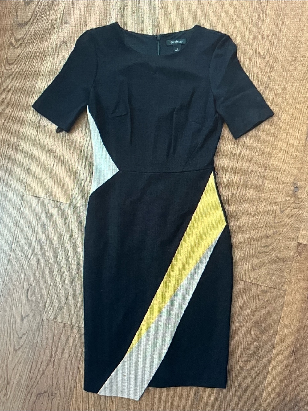 White House Black Market Black Midi Sheath Dress with Yellow and Cream Panels